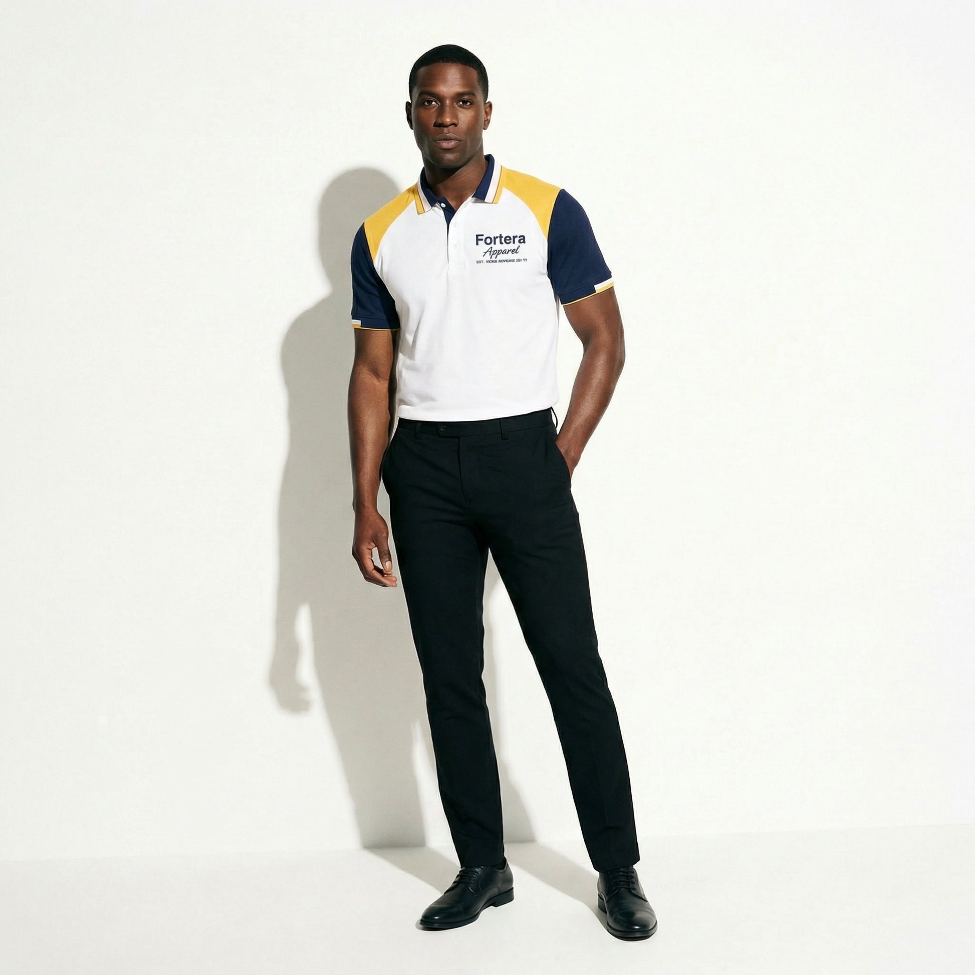 White bulk embroidered polo shirt with navy and yellow shoulder block - female fit