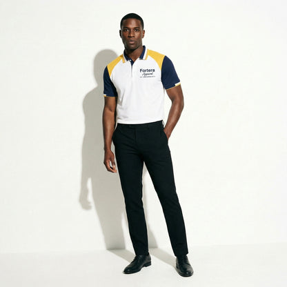 White bulk embroidered polo shirt with navy and yellow shoulder block - female fit