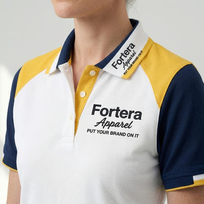 White bulk embroidered polo shirt with navy and yellow shoulder block - logo embroidery detail