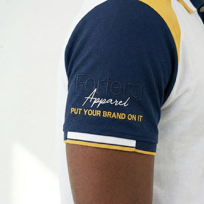 White bulk embroidered polo shirt with navy and yellow shoulder block - team uniform group