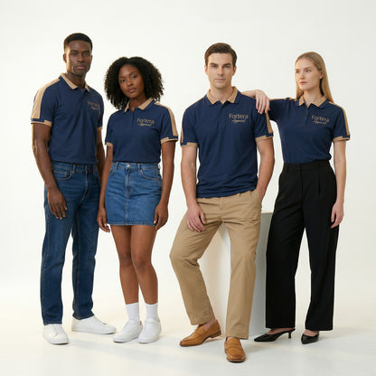 Navy bulk embroidered polo shirt with tan gold shoulder panel detail - back view