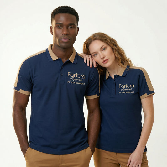 Navy bulk embroidered polo shirt with tan gold shoulder panel detail - side view