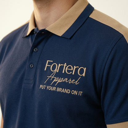 Navy bulk embroidered polo shirt with tan gold shoulder panel detail - male fit