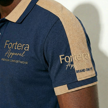 Navy bulk embroidered polo shirt with tan gold shoulder panel detail - team uniform group