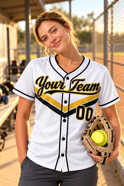 Champion Gold softball tournament shirt on a softball field