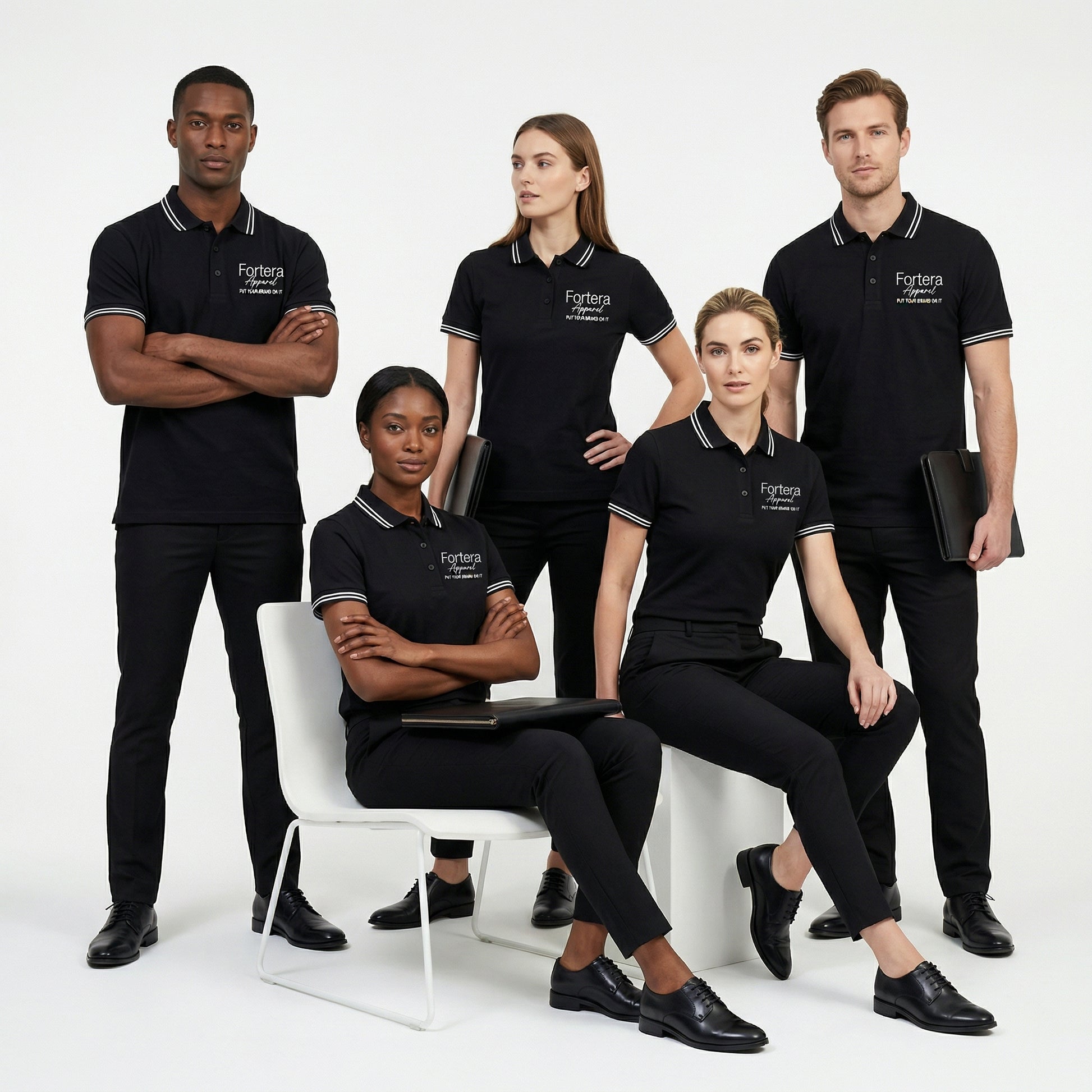 All black classic polo shirt with white tipping on collar and cuffs