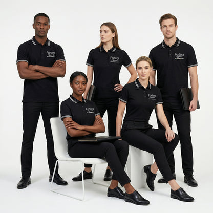 All black classic polo shirt with white tipping on collar and cuffs