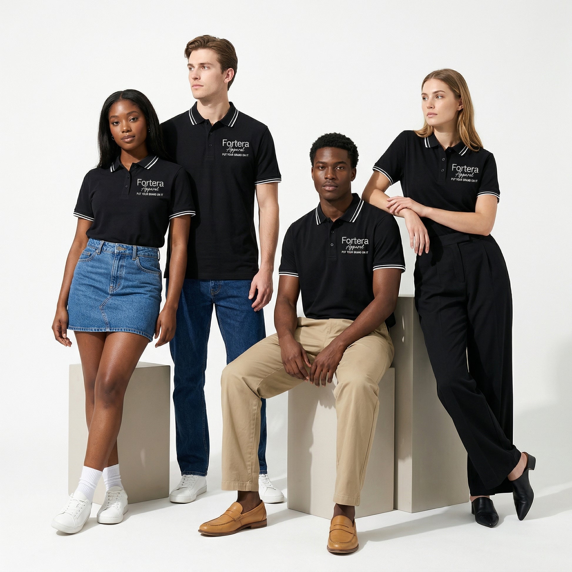All black classic polo shirt with white tipping on collar and cuffs - back view