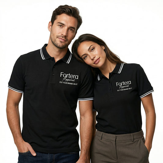 All black classic polo shirt with white tipping on collar and cuffs - side view
