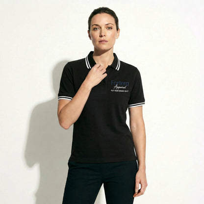 All black classic polo shirt with white tipping on collar and cuffs - detail close-up