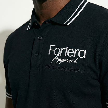 All black classic polo shirt with white tipping on collar and cuffs - male fit