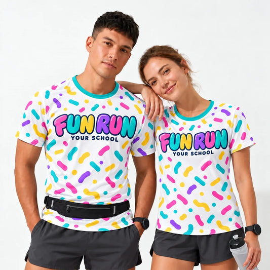 Confetti Dash Fun Run Shirt worn by a man and a woman