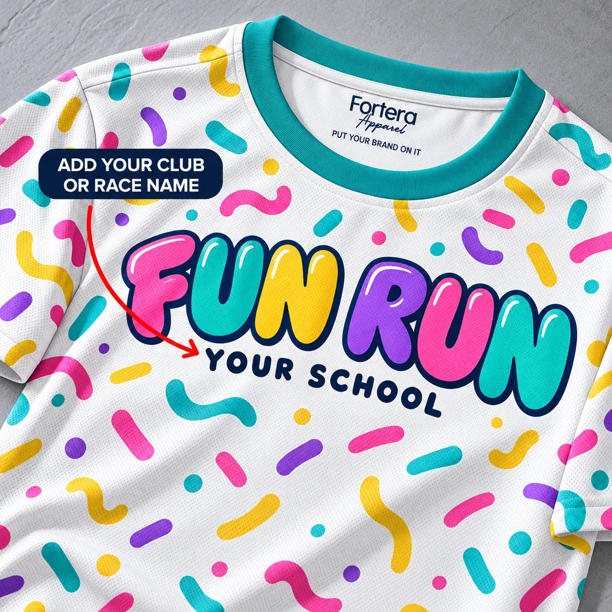 Close-up of the Confetti Dash Fun Run Shirt design and neck label