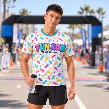 Runner wearing the Confetti Dash Fun Run Shirt at a race finish line