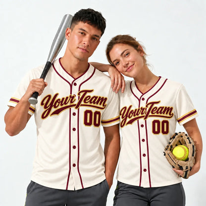 Cream Burgundy cream baseball jersey worn by a baseball player and a softball player