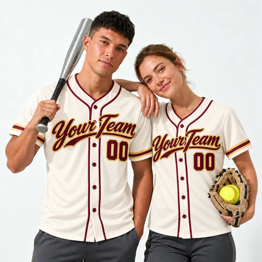 Cream Burgundy cream baseball jersey worn by a baseball player and a softball player