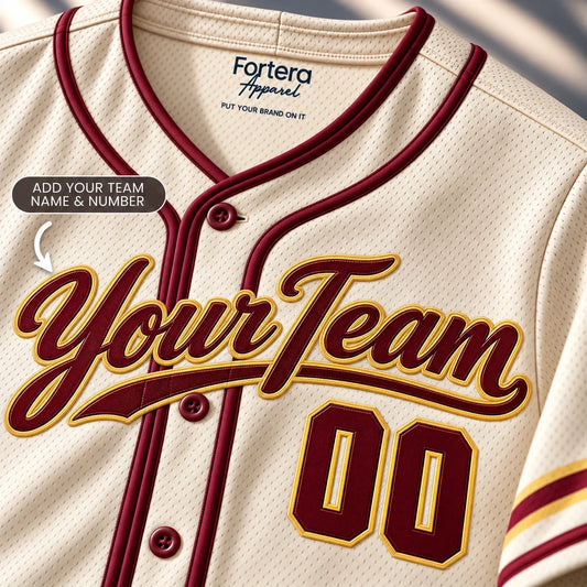 Close-up of the Cream Burgundy cream baseball jersey lettering and piping
