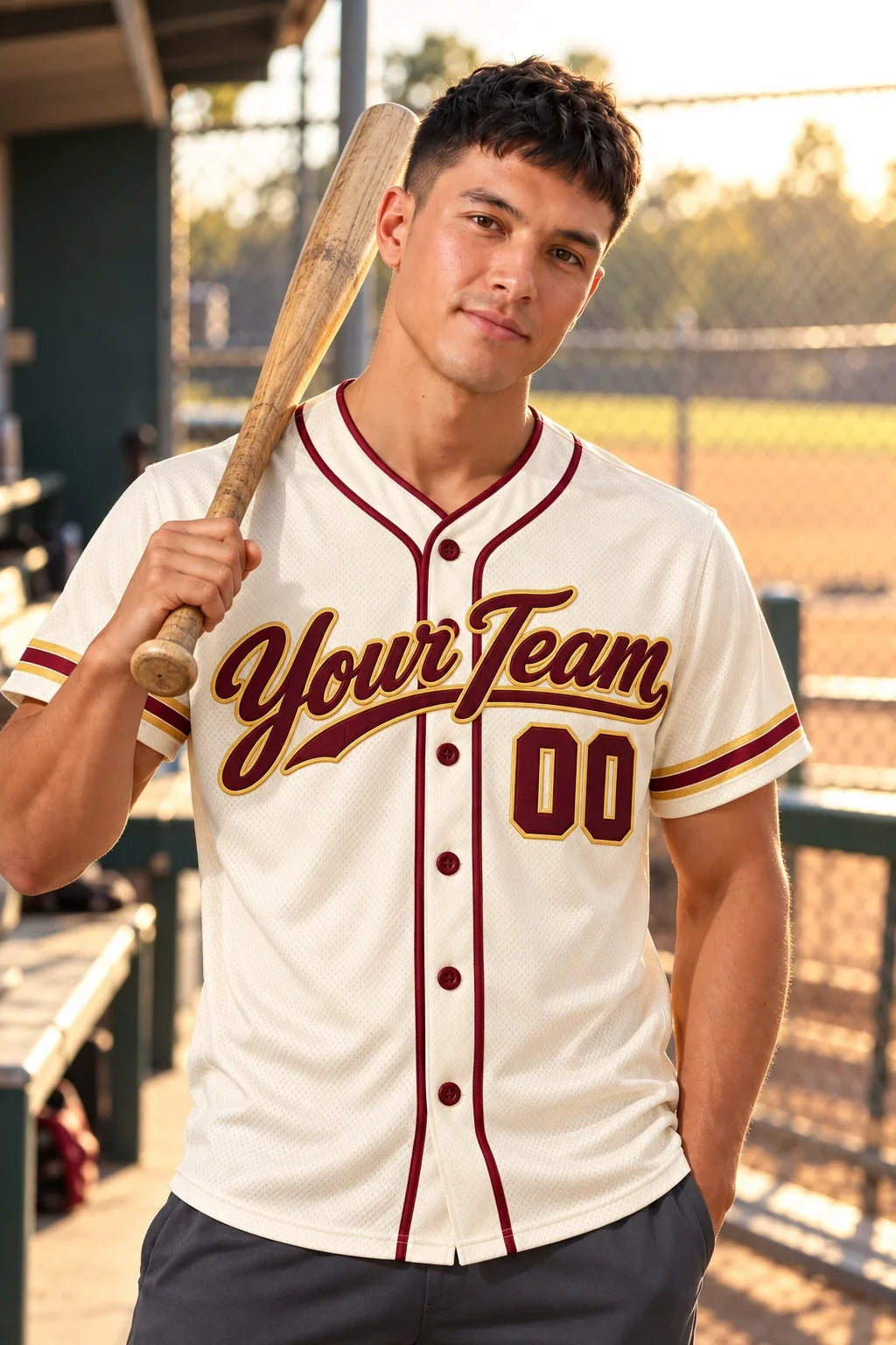 Cream Burgundy cream baseball jersey on a baseball field