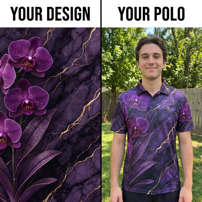 Custom AOP polo shirt shown as a design sheet next to the finished all-over-print polo worn by a man