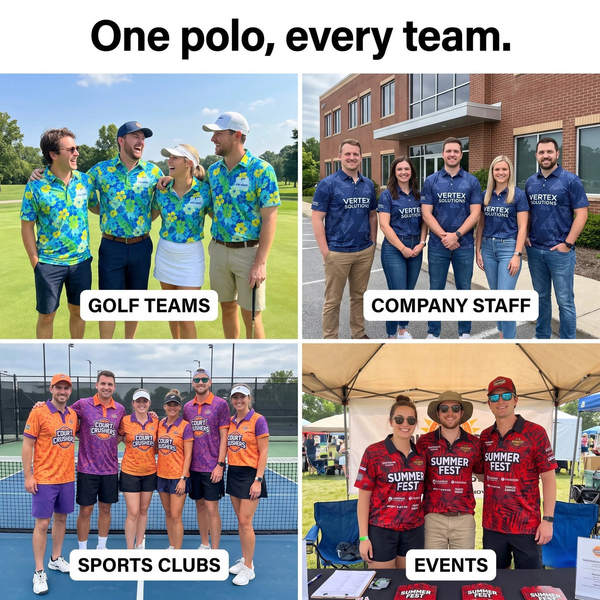 Custom AOP polos for golf teams, company staff, sports clubs and events