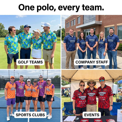 Custom AOP polos for golf teams, company staff, sports clubs and events