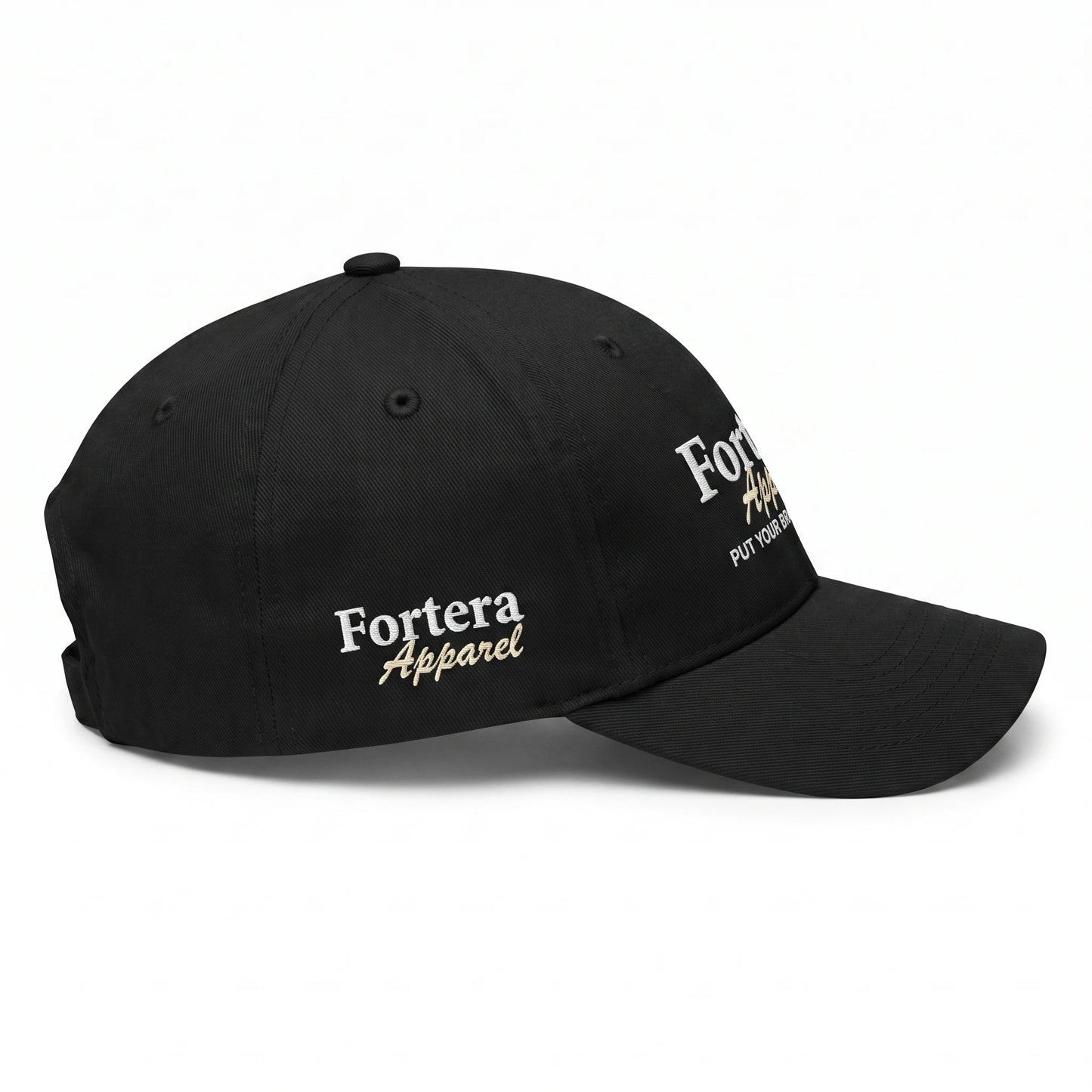 Custom baseball cap left side profile showing 6-panel construction and side panel embroidered Fortera Apparel logo