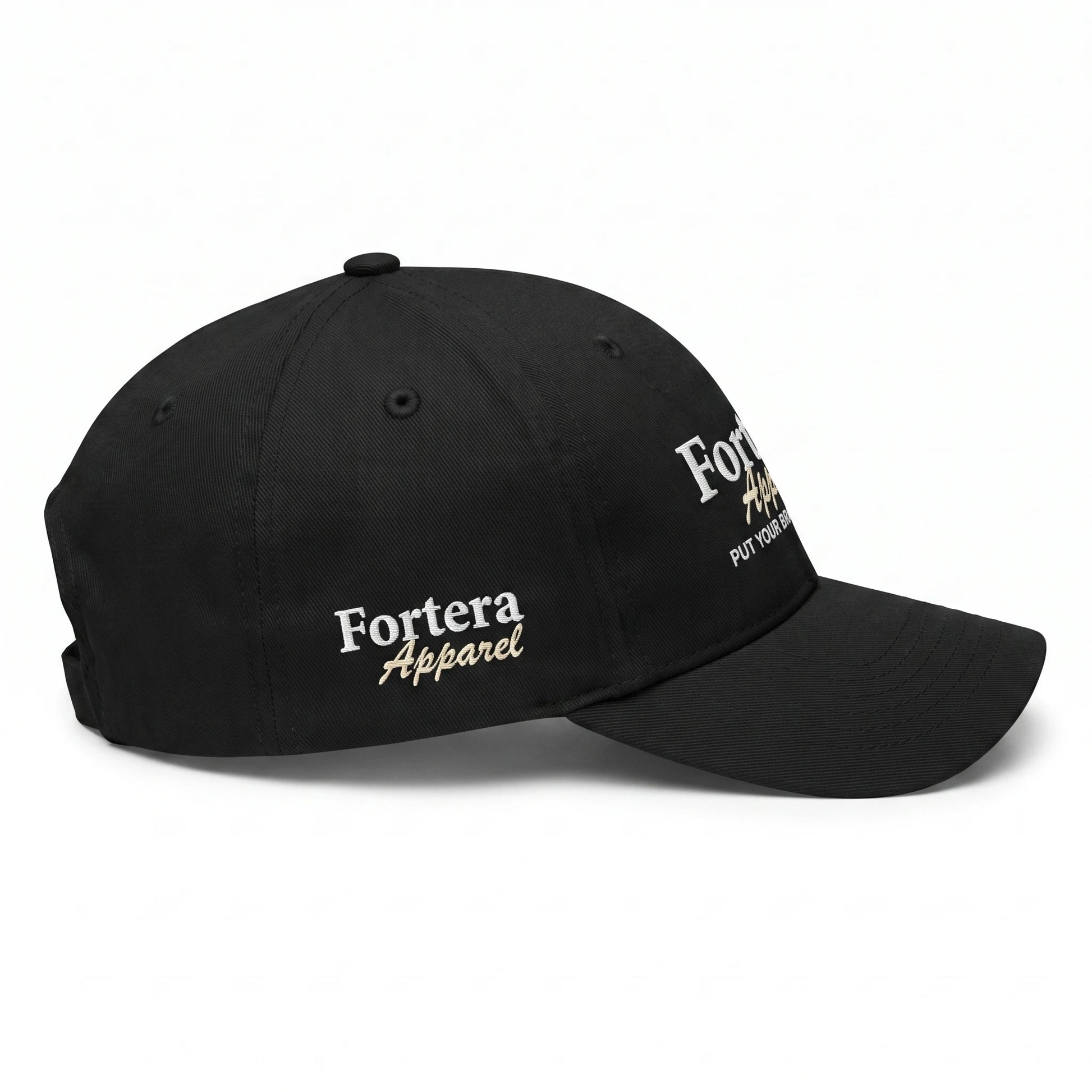 Custom baseball cap left side profile showing 6-panel construction and side panel embroidered Fortera Apparel logo
