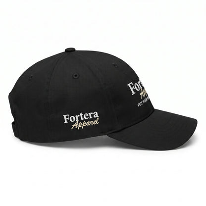 Custom baseball cap left side profile showing 6-panel construction and side panel embroidered Fortera Apparel logo