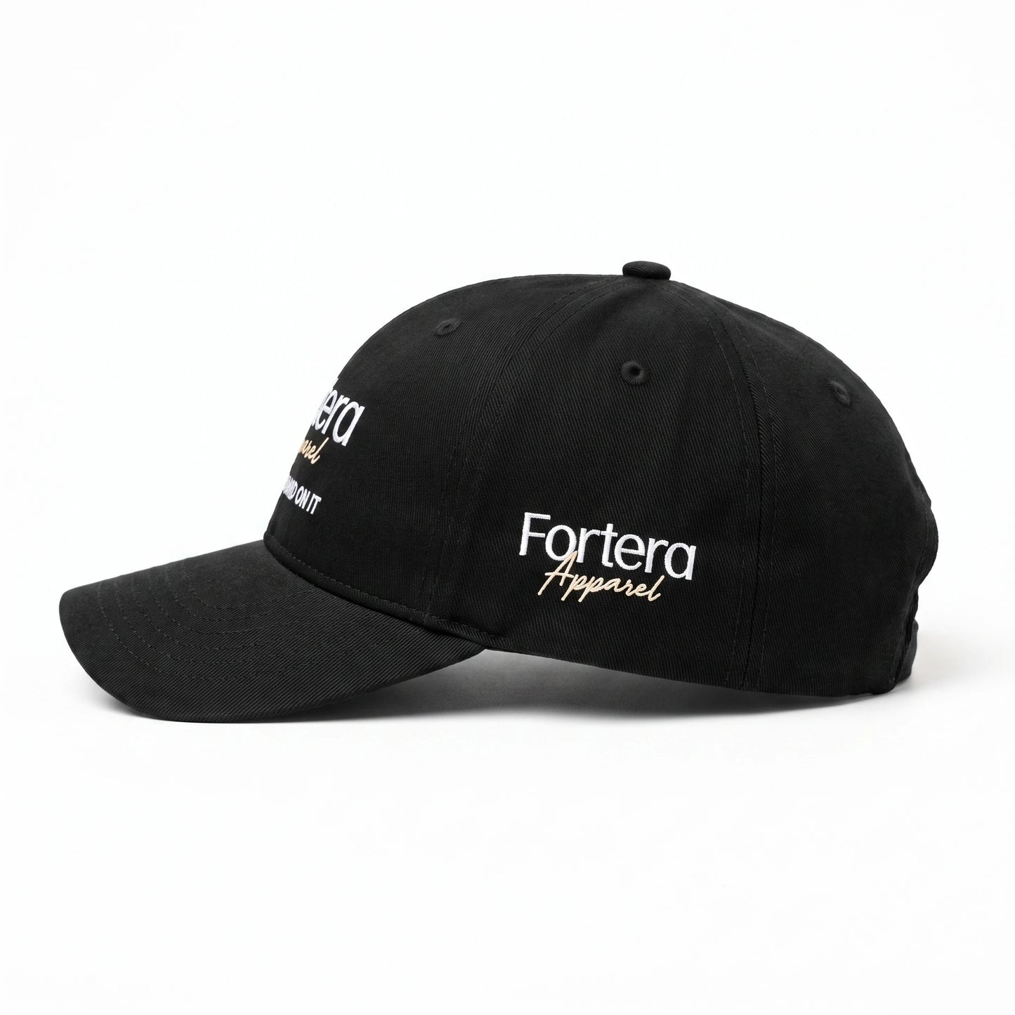 Custom baseball cap right side profile showing 6-panel structured construction and side panel embroidered logo