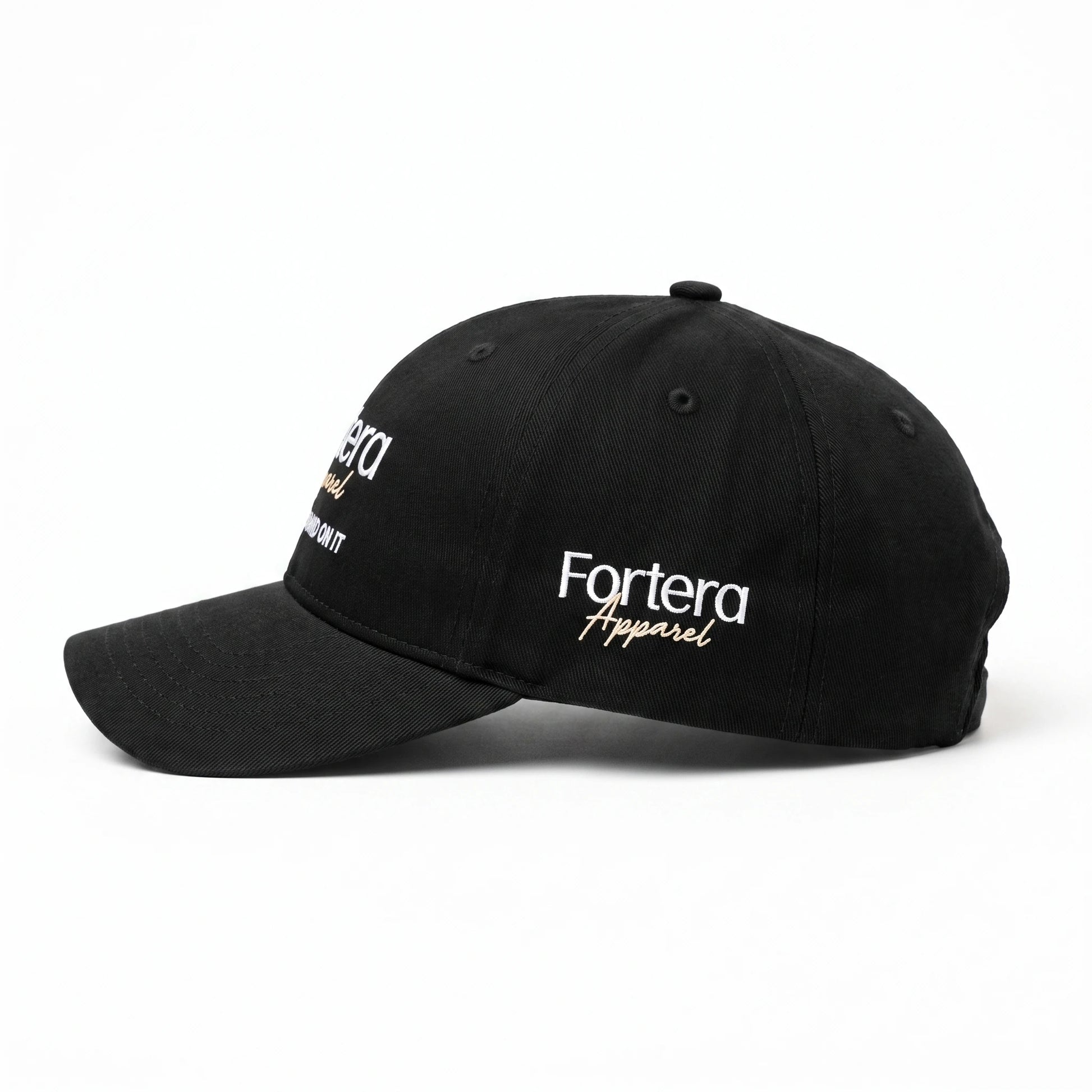 Custom baseball cap right side profile showing 6-panel structured construction and side panel embroidered logo