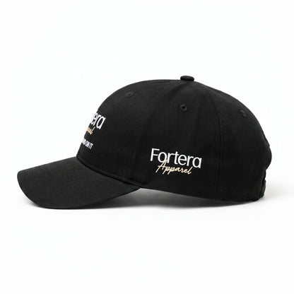 Custom baseball cap right side profile showing 6-panel structured construction and side panel embroidered logo