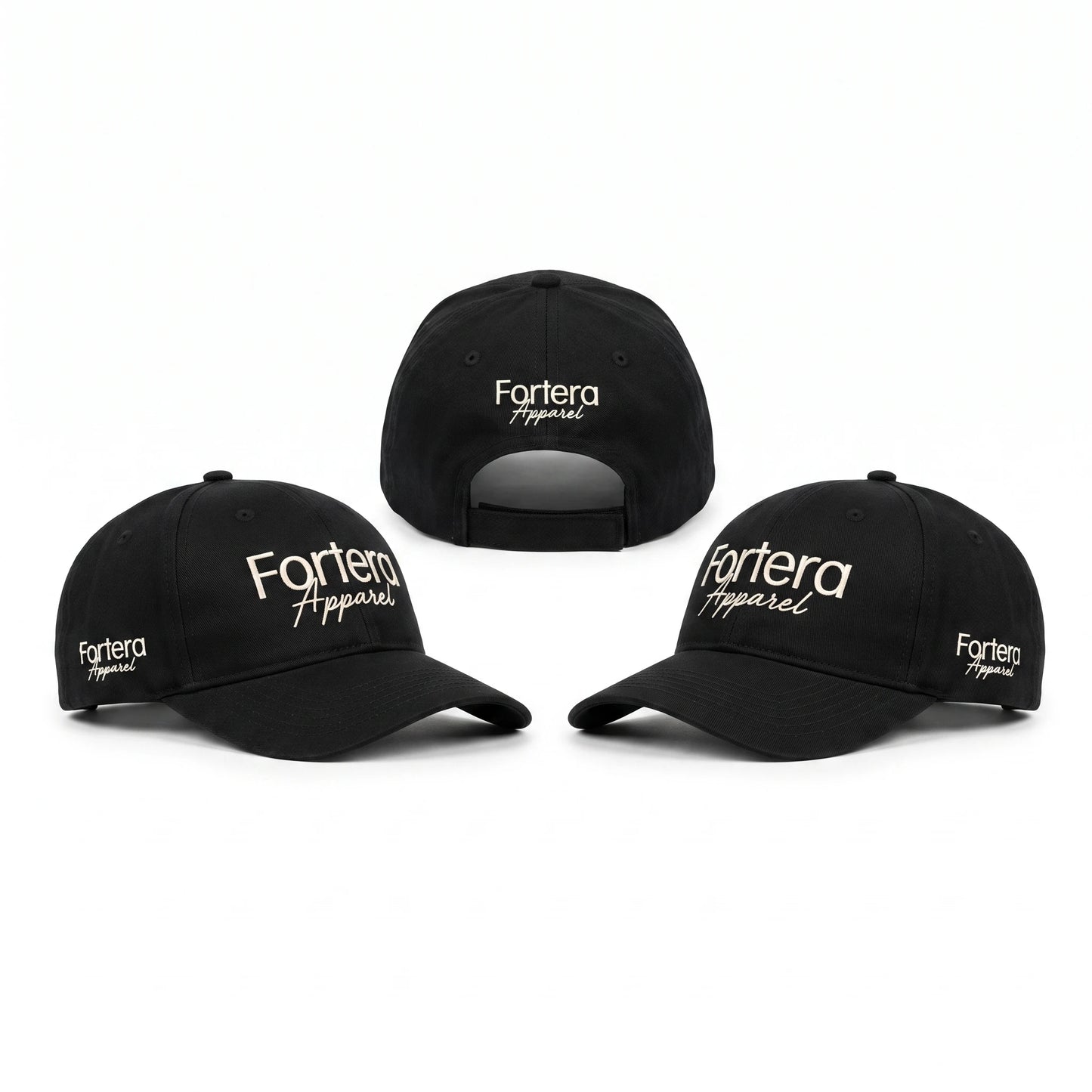Three custom baseball caps displaying left side, right side and back views with embroidered Fortera Apparel logo placements