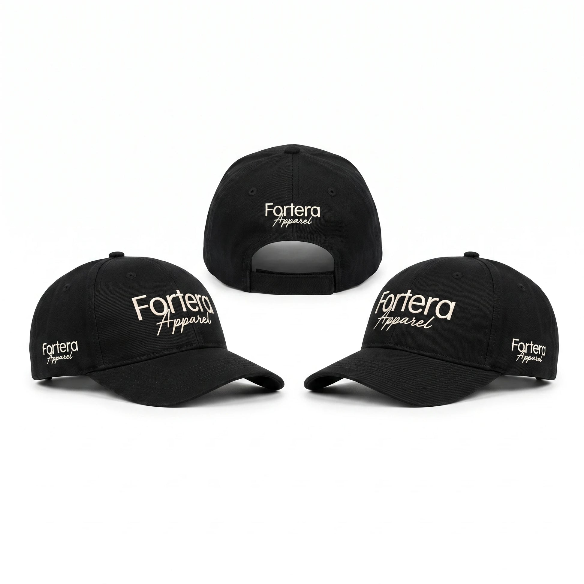 Three custom baseball caps displaying left side, right side and back views with embroidered Fortera Apparel logo placements