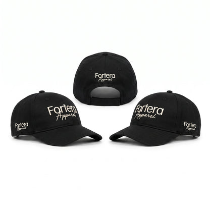 Three custom baseball caps displaying left side, right side and back views with embroidered Fortera Apparel logo placements