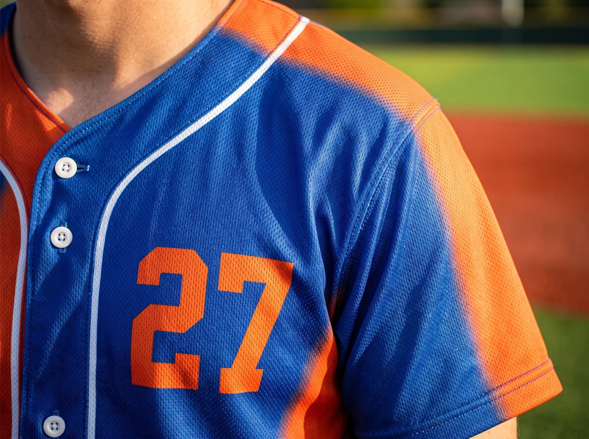 Close-up of a custom sublimated baseball jersey with a printed player number