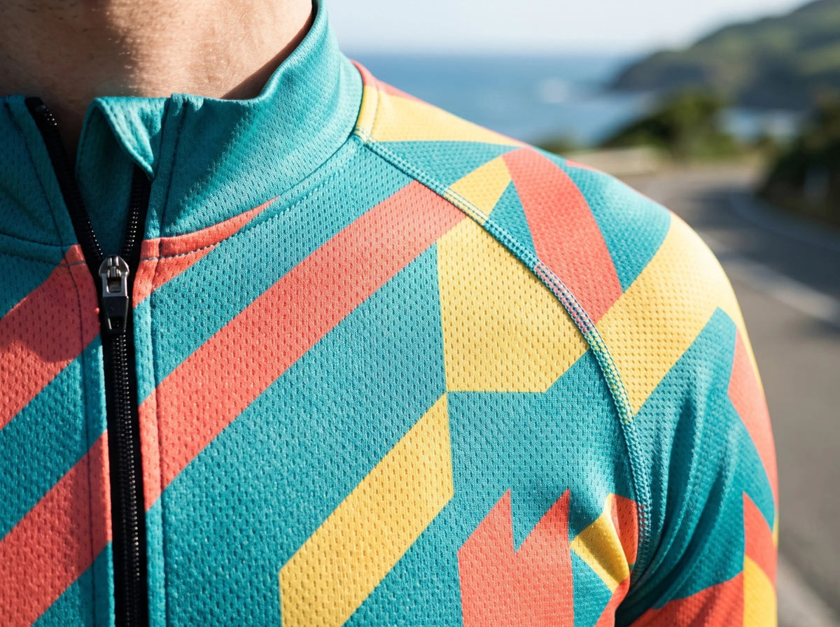 Close-up of a custom sublimated cycling jersey with a full-length zipper