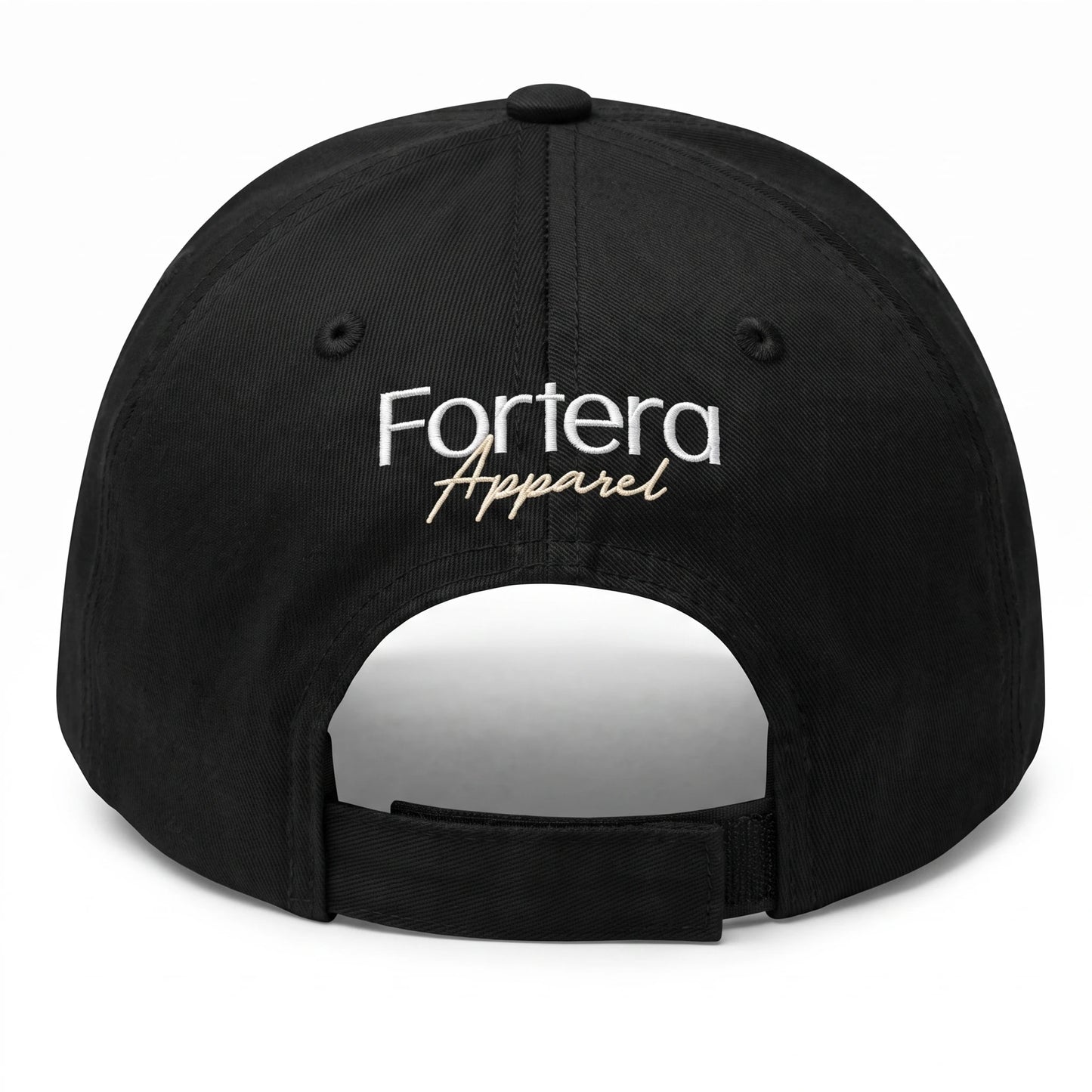 Custom embroidered baseball cap back view showing adjustable Velcro closure strap and rear panel Fortera Apparel logo