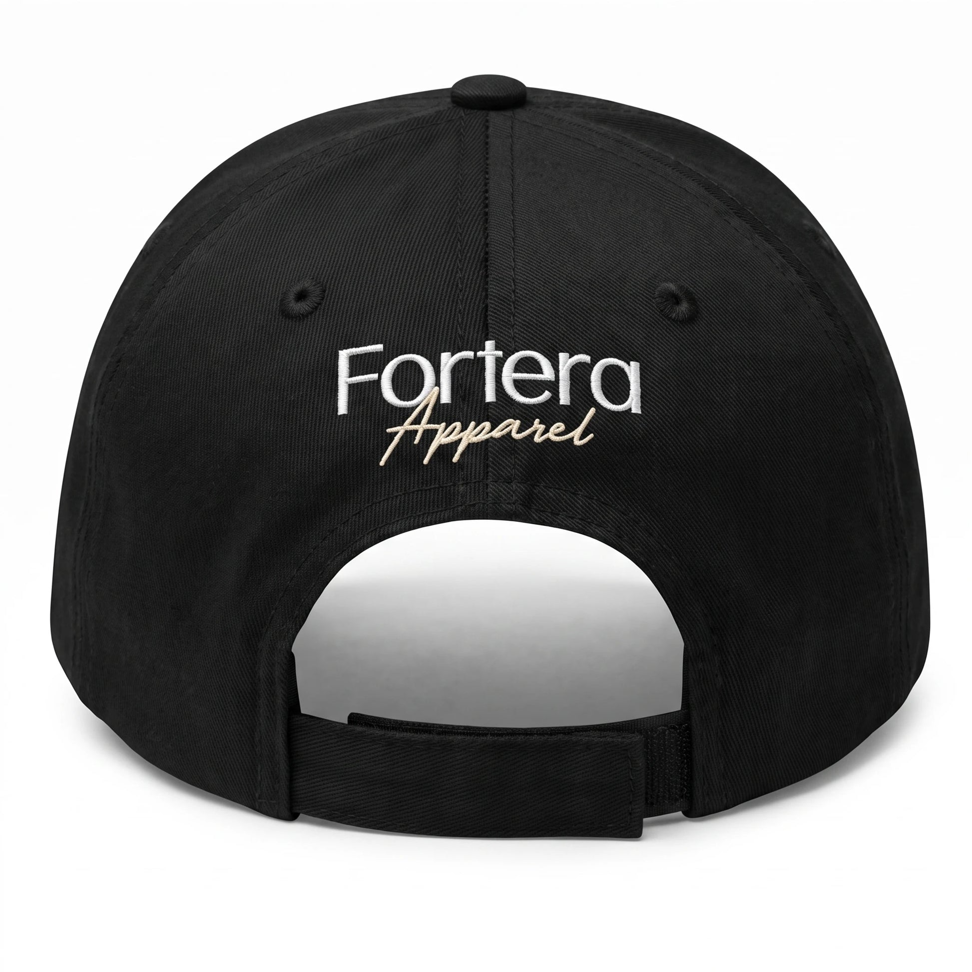 Custom embroidered baseball cap back view showing adjustable Velcro closure strap and rear panel Fortera Apparel logo
