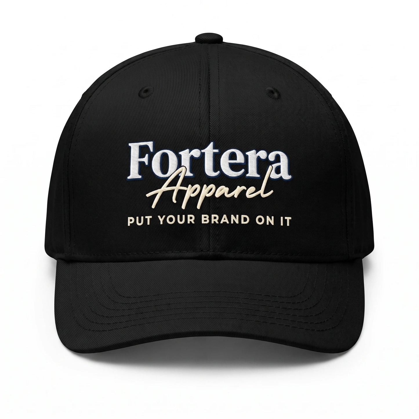 Custom embroidered baseball cap in black with Fortera Apparel logo embroidered on front panel, product front view