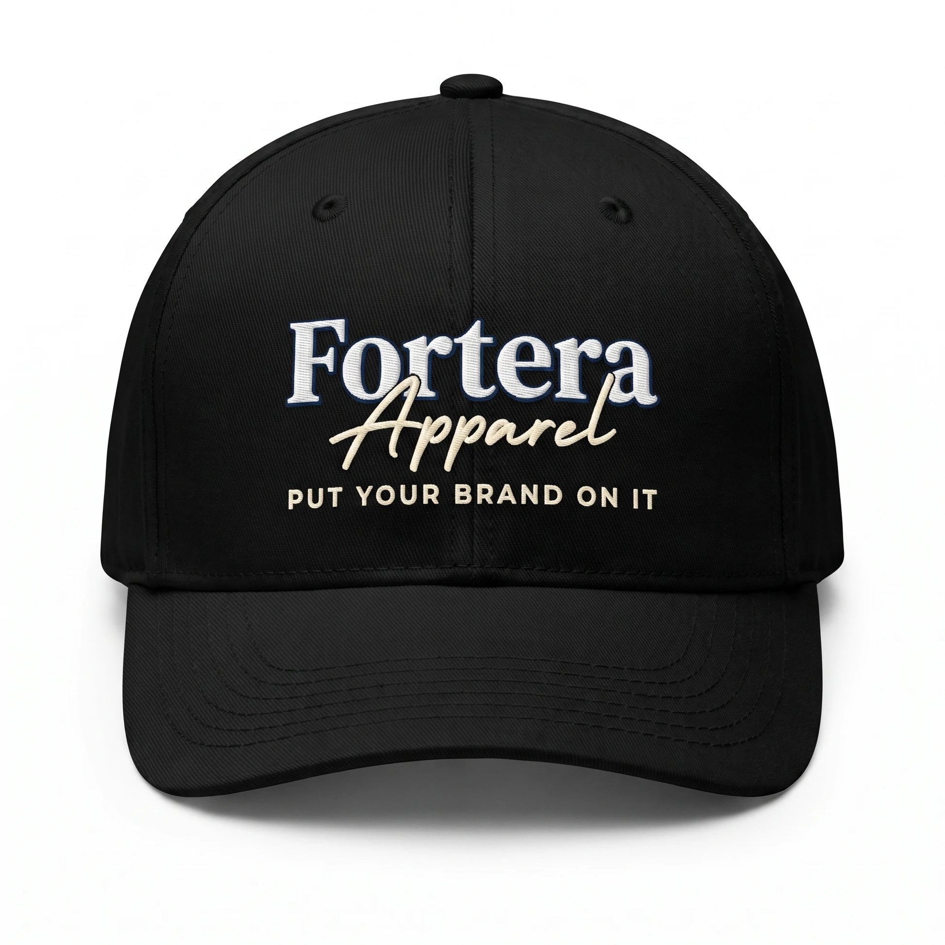 Custom embroidered baseball cap in black with Fortera Apparel logo embroidered on front panel, product front view