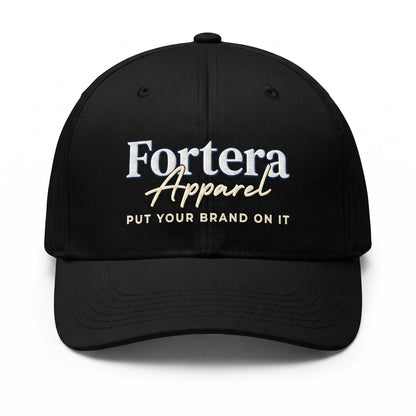 Custom embroidered baseball cap in black with Fortera Apparel logo embroidered on front panel, product front view