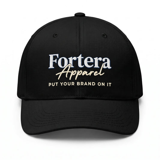 Custom embroidered baseball cap in black with Fortera Apparel logo embroidered on front panel, product front view