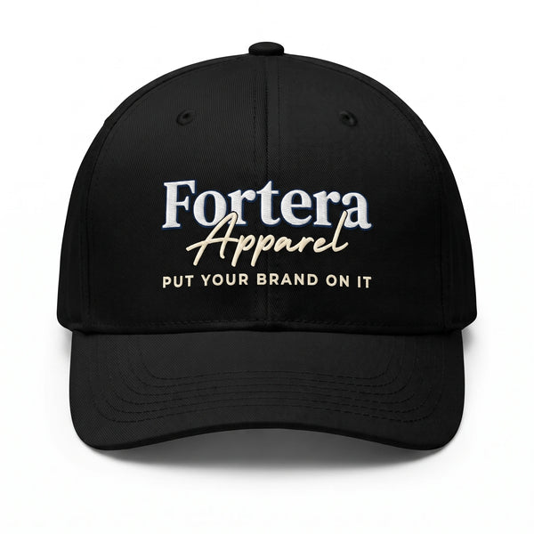 Custom embroidered baseball cap in black with Fortera Apparel logo embroidered on front panel, product front view