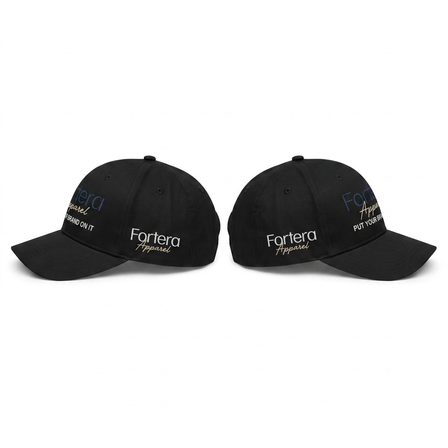 Custom embroidered baseball caps shown from both left and right side profiles with side panel Fortera Apparel embroidery