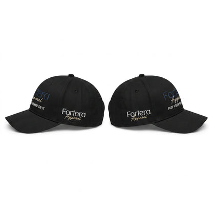 Custom embroidered baseball caps shown from both left and right side profiles with side panel Fortera Apparel embroidery