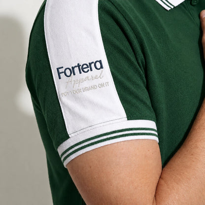 White contrast collar detail on green custom embroidered polo shirt