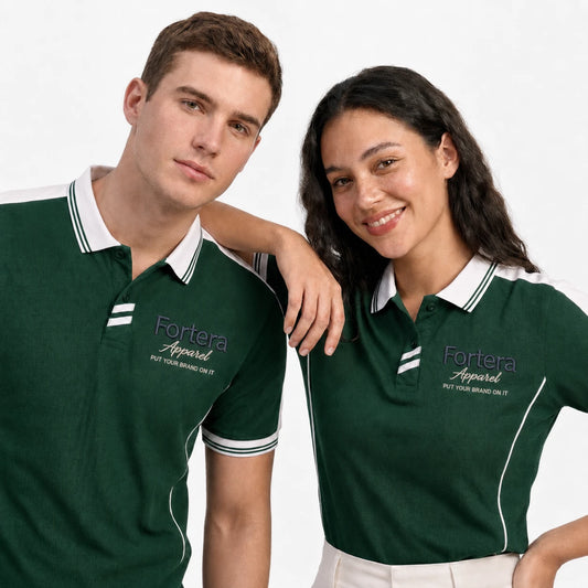 Custom embroidered polo shirt with logo, green with white contrast collar, front