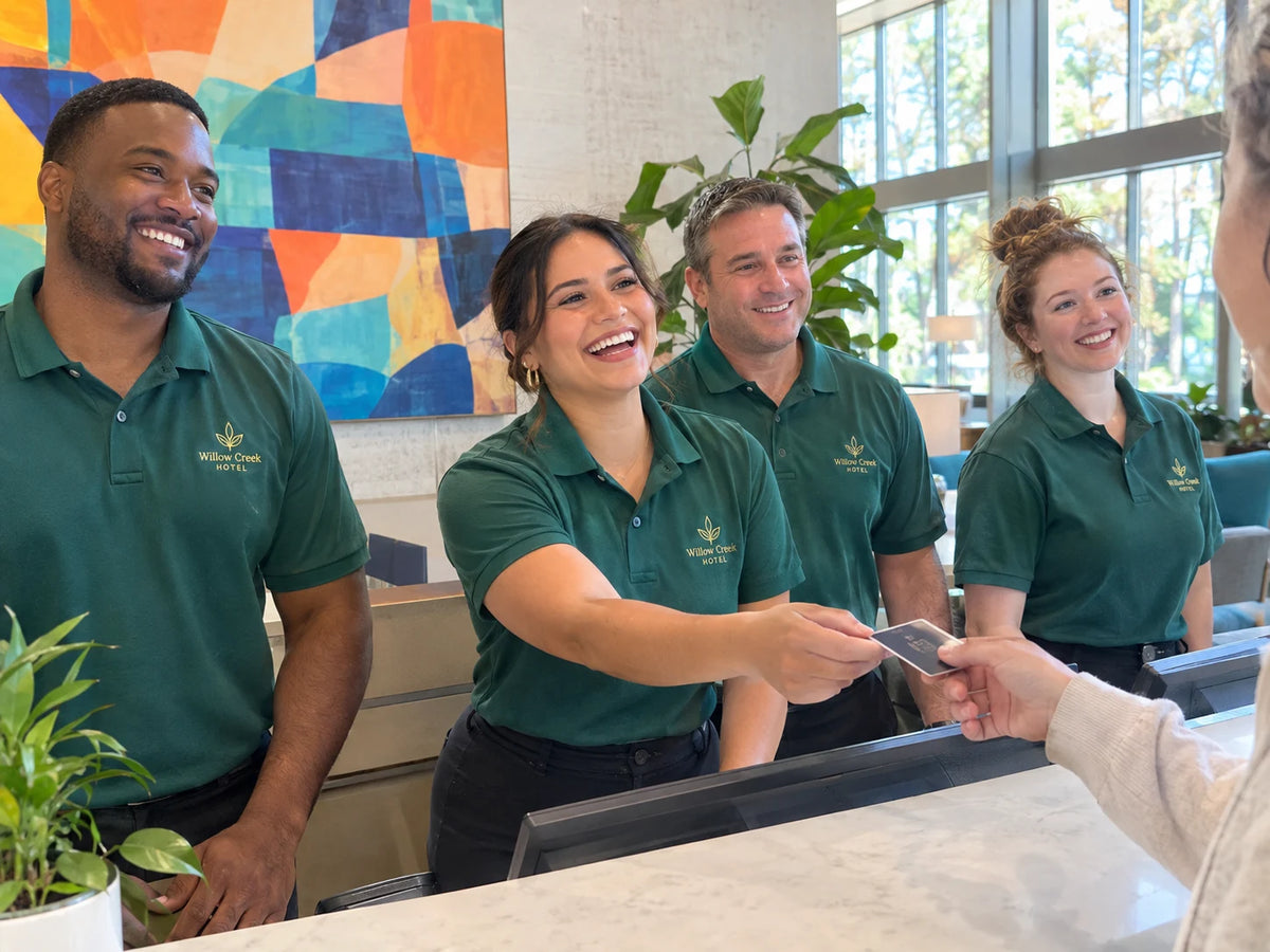 Hotel front desk team wearing matching embroidered logo polo shirts