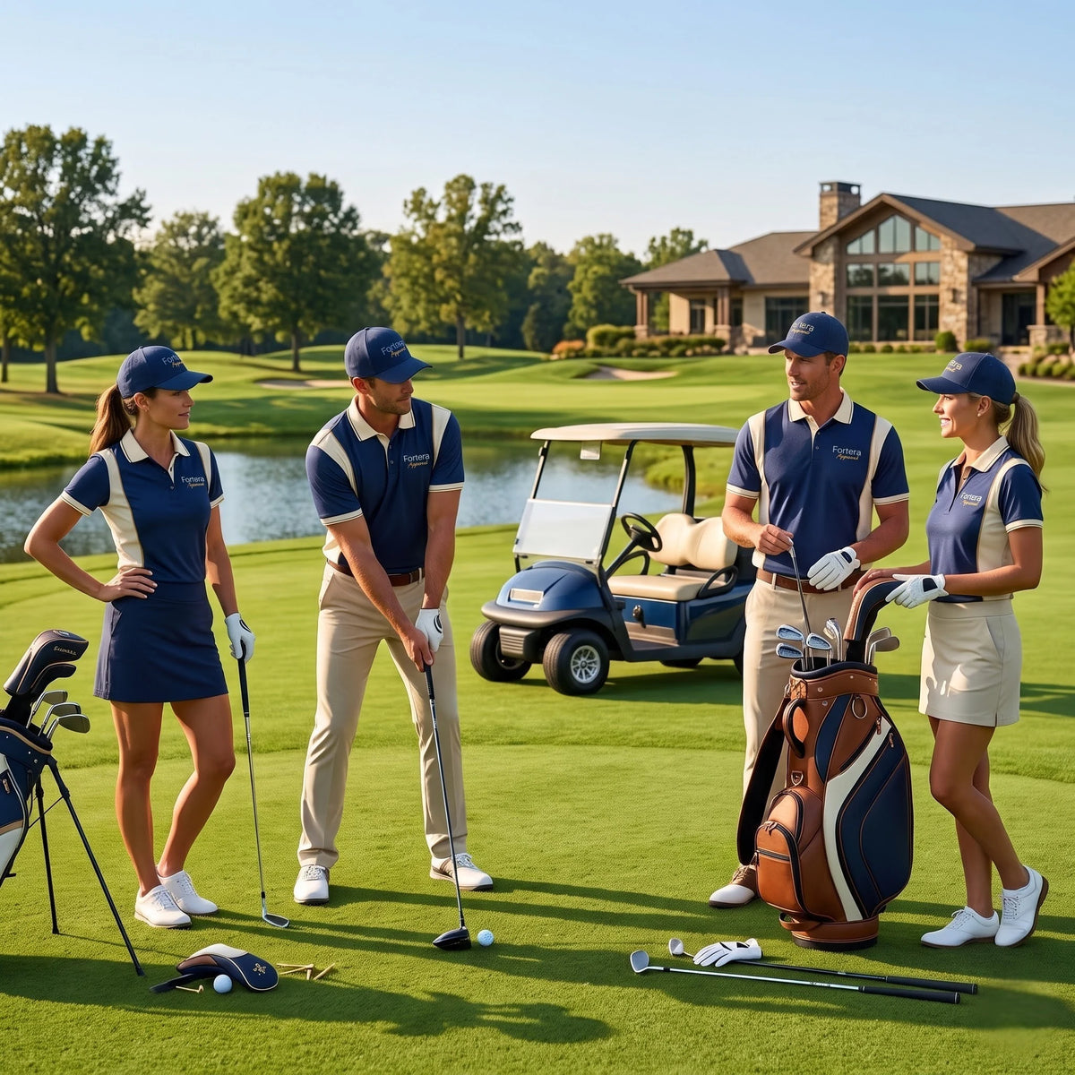 Custom golf performance polo in navy color block on the course
