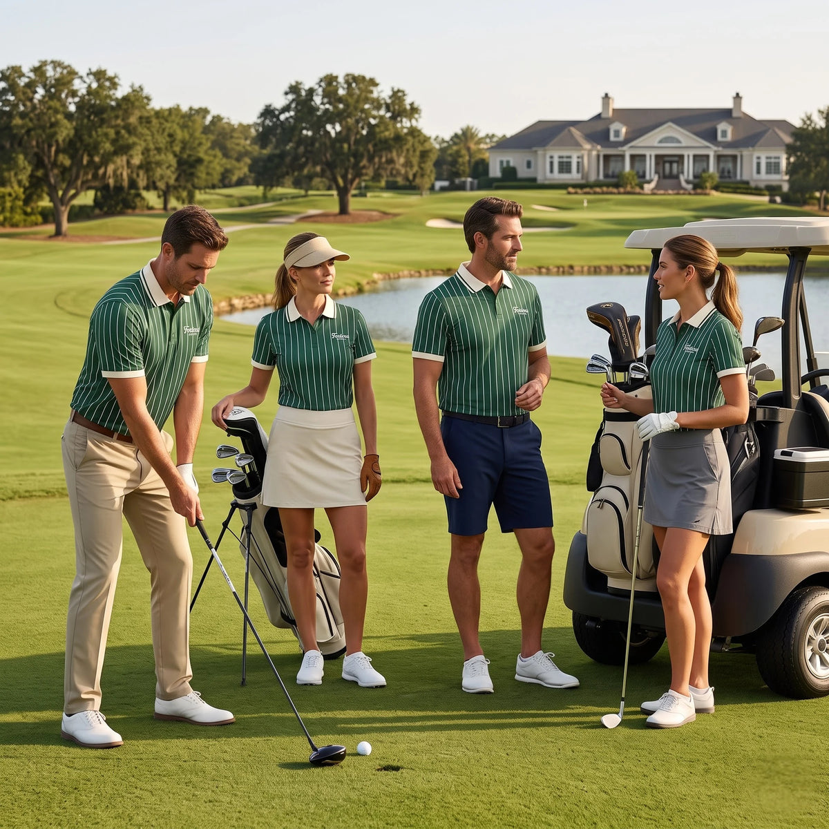 Custom golf polo shirt in green pinstripe worn on a country club course